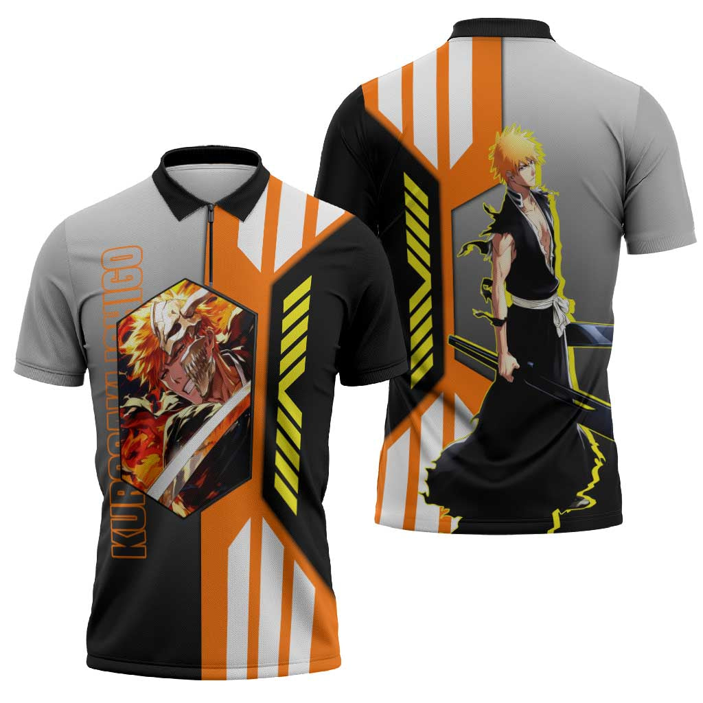 Ichigo Kurosaki from Bleach Zipper Polo Shirt with Sword and Battle Ready Pose Design - The Mazicc