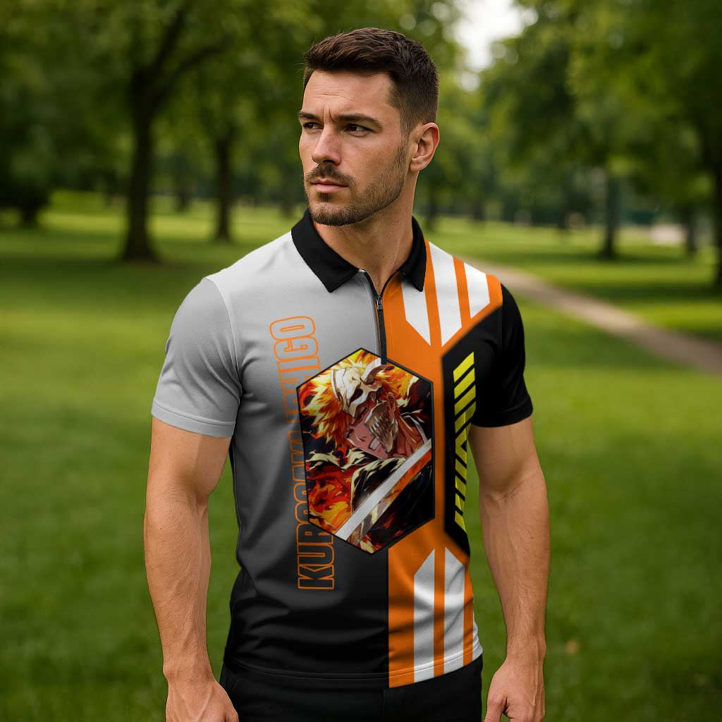 Ichigo Kurosaki from Bleach Zipper Polo Shirt with Sword and Battle Ready Pose Design - The Mazicc