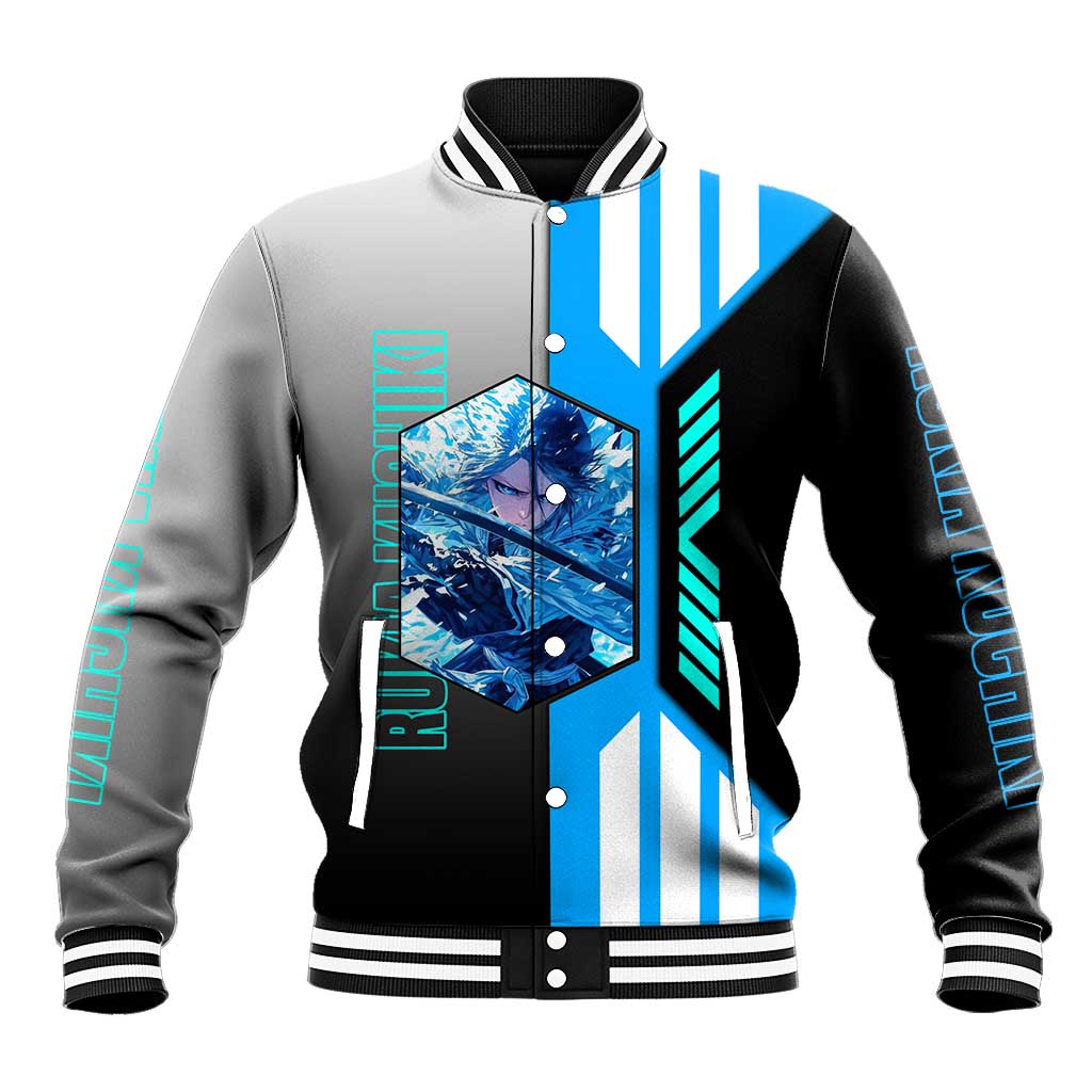 Rukia Kuchiki from Bleach Baseball Jacket with Sword and Ice Powers Pose Design - The Mazicc
