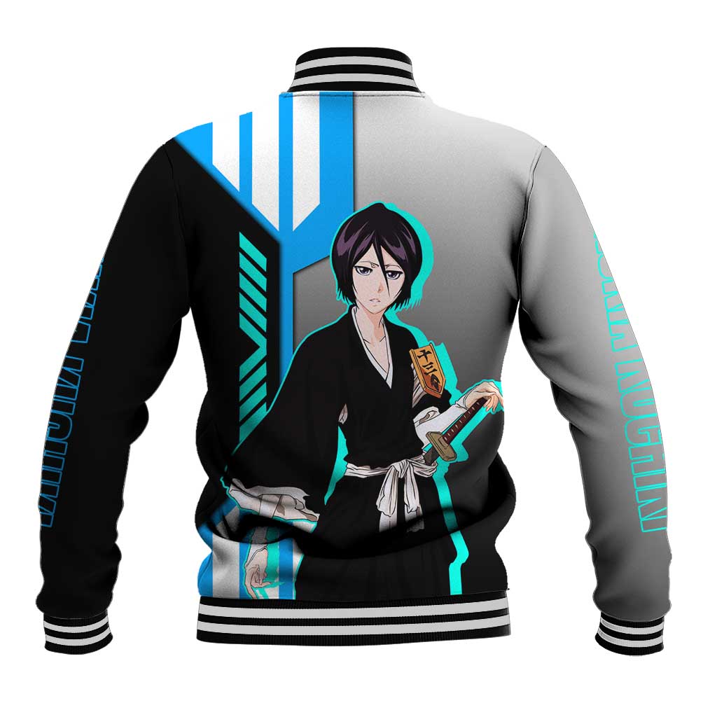 Rukia Kuchiki from Bleach Baseball Jacket with Sword and Ice Powers Pose Design - The Mazicc