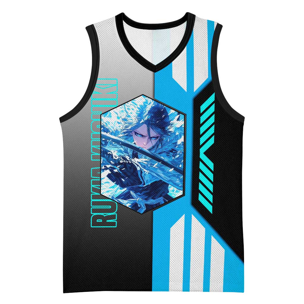 Rukia Kuchiki from Bleach Basketball Jersey with Sword and Ice Powers Pose Design - The Mazicc