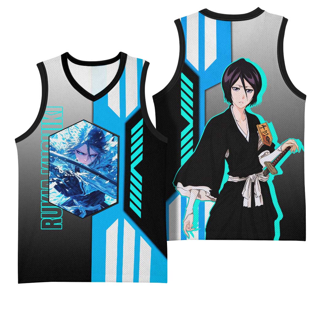 Rukia Kuchiki from Bleach Basketball Jersey with Sword and Ice Powers Pose Design - The Mazicc