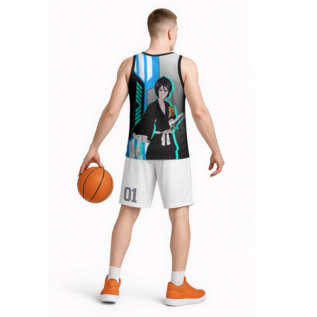 Rukia Kuchiki from Bleach Basketball Jersey with Sword and Ice Powers Pose Design - The Mazicc