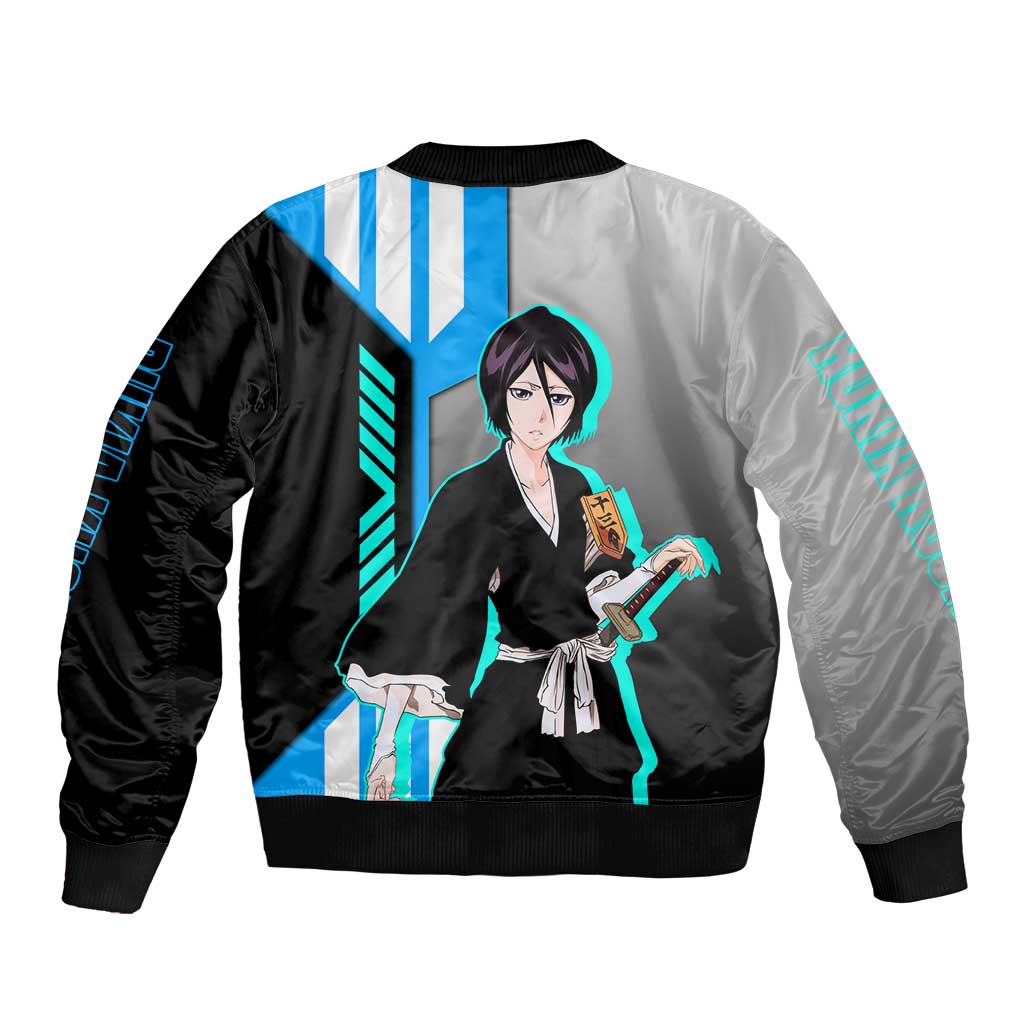 Rukia Kuchiki from Bleach Bomber Jacket with Sword and Ice Powers Pose Design - The Mazicc