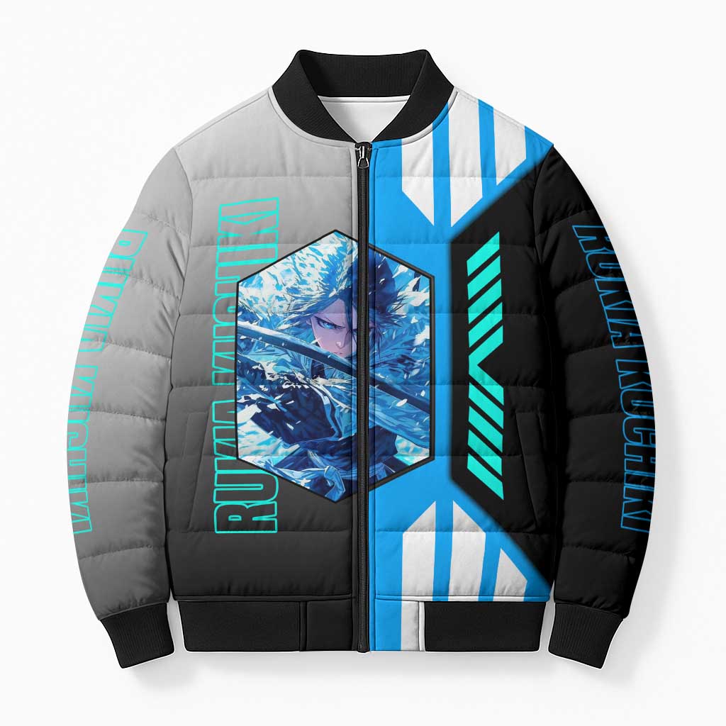 Rukia Kuchiki from Bleach Bomber Puffer Jacket with Sword and Ice Powers Pose Design - The Mazicc
