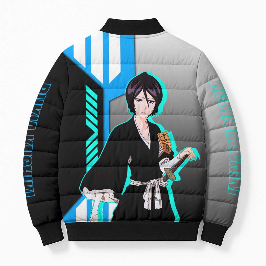 Rukia Kuchiki from Bleach Bomber Puffer Jacket with Sword and Ice Powers Pose Design - The Mazicc