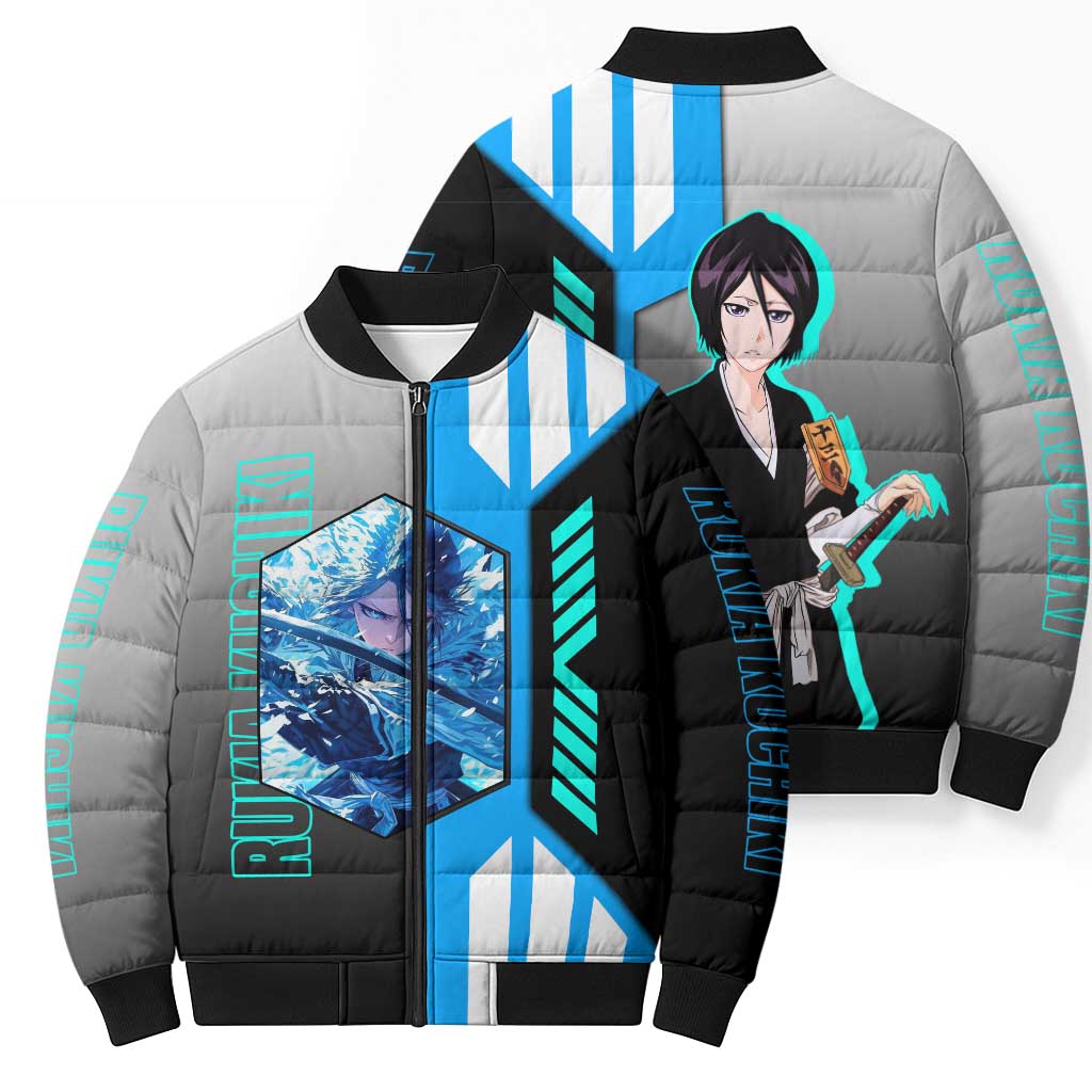 Rukia Kuchiki from Bleach Bomber Puffer Jacket with Sword and Ice Powers Pose Design - The Mazicc