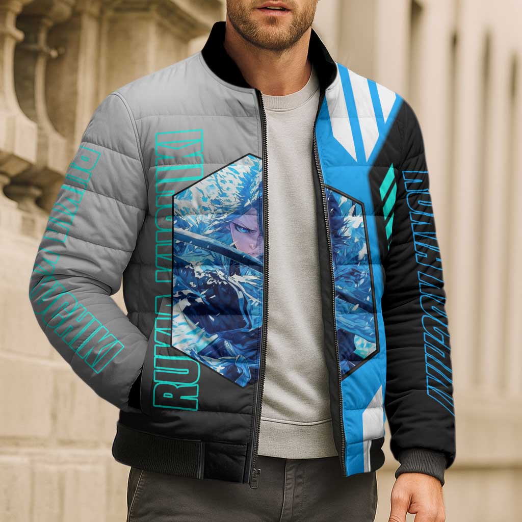 Rukia Kuchiki from Bleach Bomber Puffer Jacket with Sword and Ice Powers Pose Design - The Mazicc