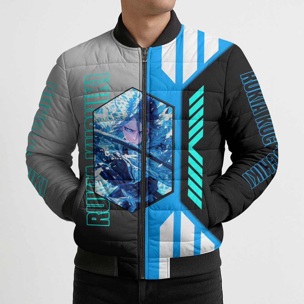 Rukia Kuchiki from Bleach Bomber Puffer Jacket with Sword and Ice Powers Pose Design - The Mazicc