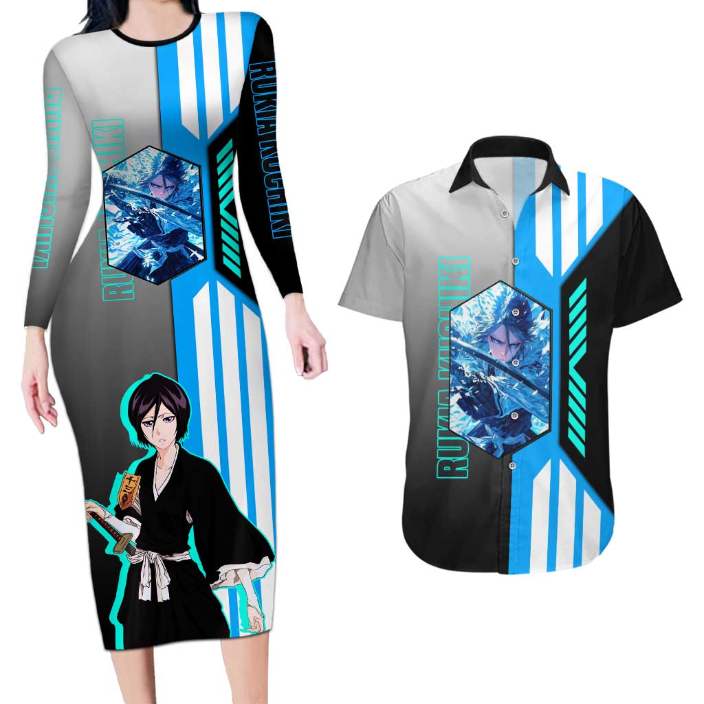 Rukia Kuchiki from Bleach Couples Matching Long Sleeve Bodycon Dress and Hawaiian Shirt with Sword and Ice Powers Pose Design - The Mazicc
