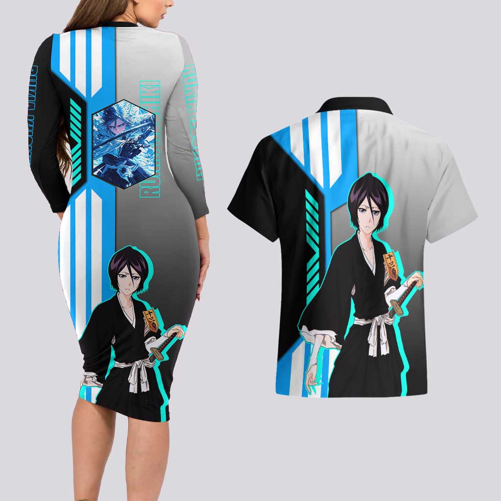 Rukia Kuchiki from Bleach Couples Matching Long Sleeve Bodycon Dress and Hawaiian Shirt with Sword and Ice Powers Pose Design - The Mazicc