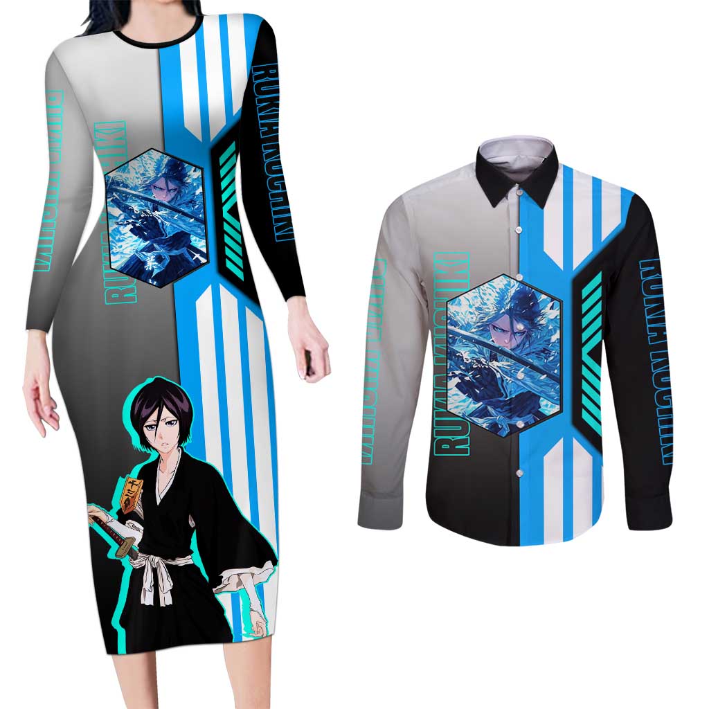 Rukia Kuchiki from Bleach Couples Matching Long Sleeve Bodycon Dress and Long Sleeve Button Shirt with Sword and Ice Powers Pose Design - The Mazicc