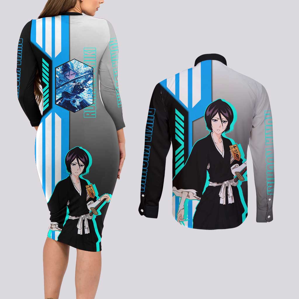 Rukia Kuchiki from Bleach Couples Matching Long Sleeve Bodycon Dress and Long Sleeve Button Shirt with Sword and Ice Powers Pose Design - The Mazicc