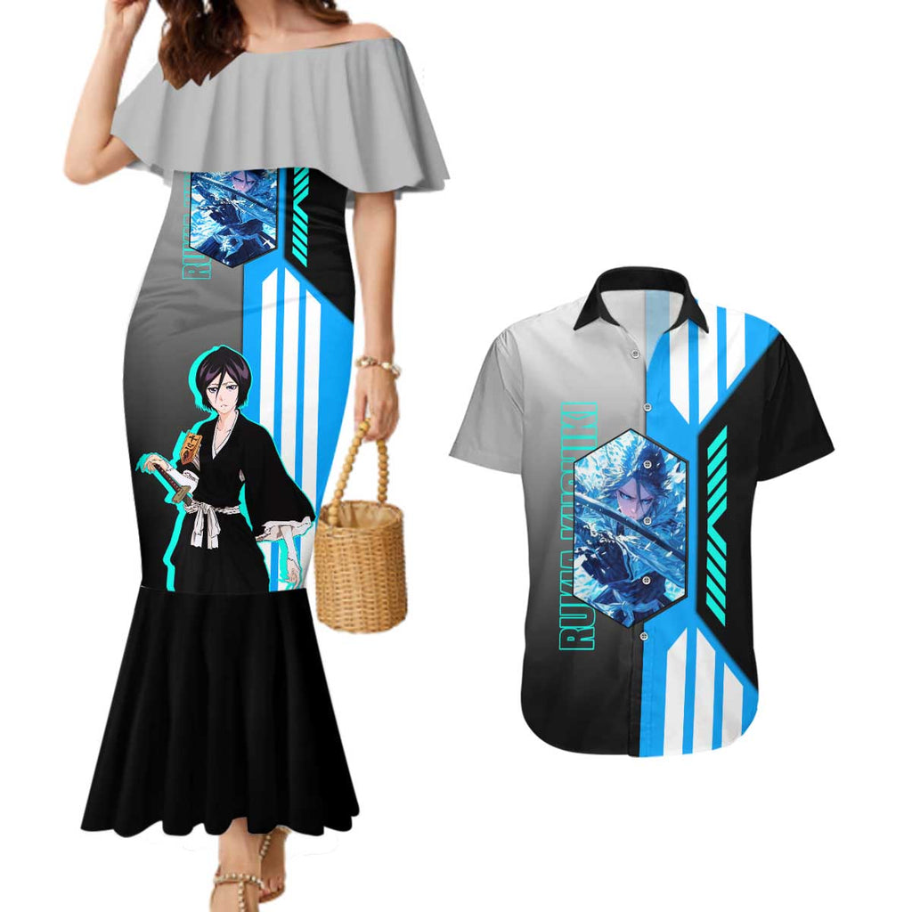 Rukia Kuchiki from Bleach Couples Matching Mermaid Dress and Hawaiian Shirt with Sword and Ice Powers Pose Design - The Mazicc