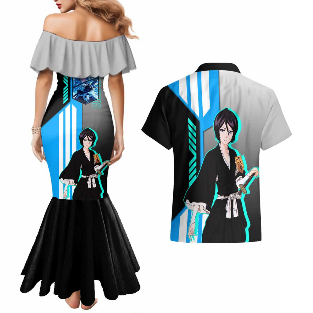 Rukia Kuchiki from Bleach Couples Matching Mermaid Dress and Hawaiian Shirt with Sword and Ice Powers Pose Design - The Mazicc