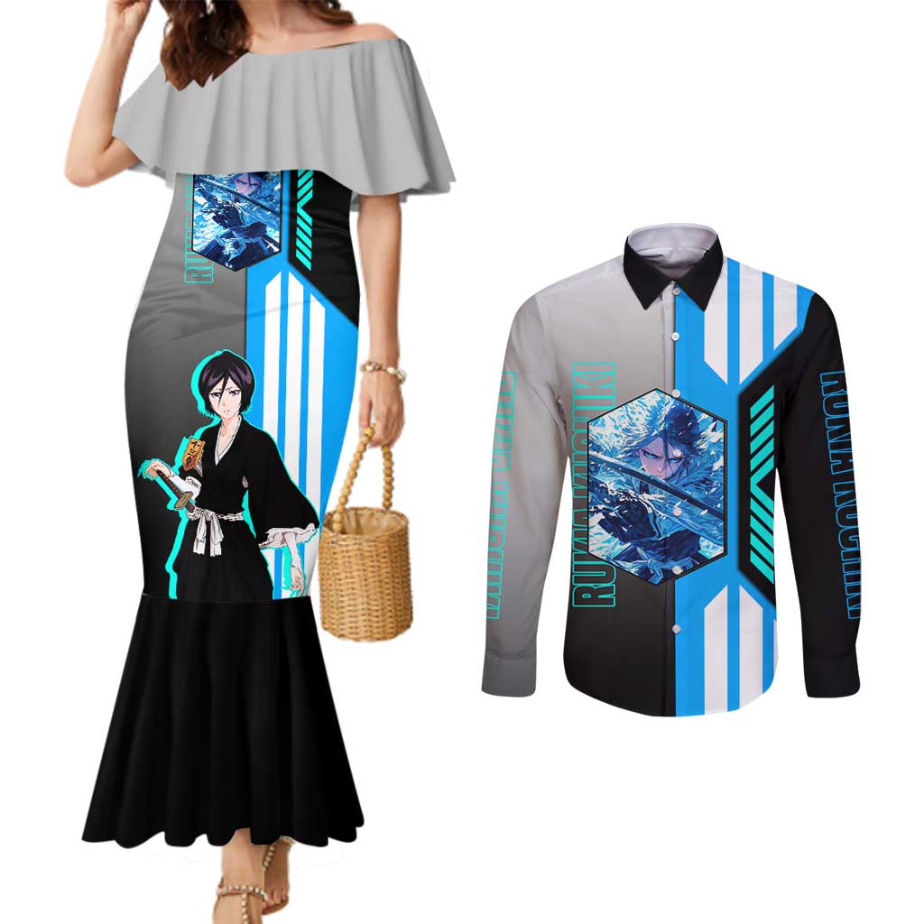 Rukia Kuchiki from Bleach Couples Matching Mermaid Dress and Long Sleeve Button Shirt with Sword and Ice Powers Pose Design - The Mazicc