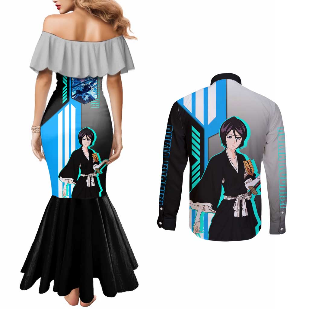 Rukia Kuchiki from Bleach Couples Matching Mermaid Dress and Long Sleeve Button Shirt with Sword and Ice Powers Pose Design - The Mazicc