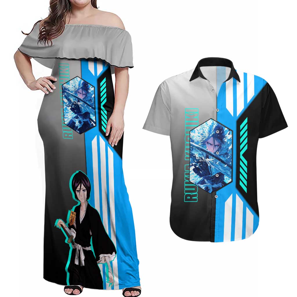 Rukia Kuchiki from Bleach Couples Matching Off Shoulder Maxi Dress and Hawaiian Shirt with Sword and Ice Powers Pose Design - The Mazicc