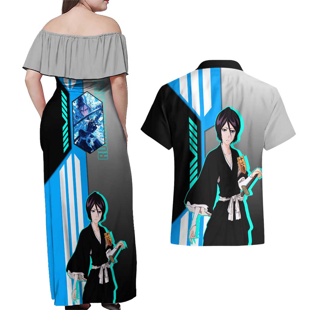 Rukia Kuchiki from Bleach Couples Matching Off Shoulder Maxi Dress and Hawaiian Shirt with Sword and Ice Powers Pose Design - The Mazicc