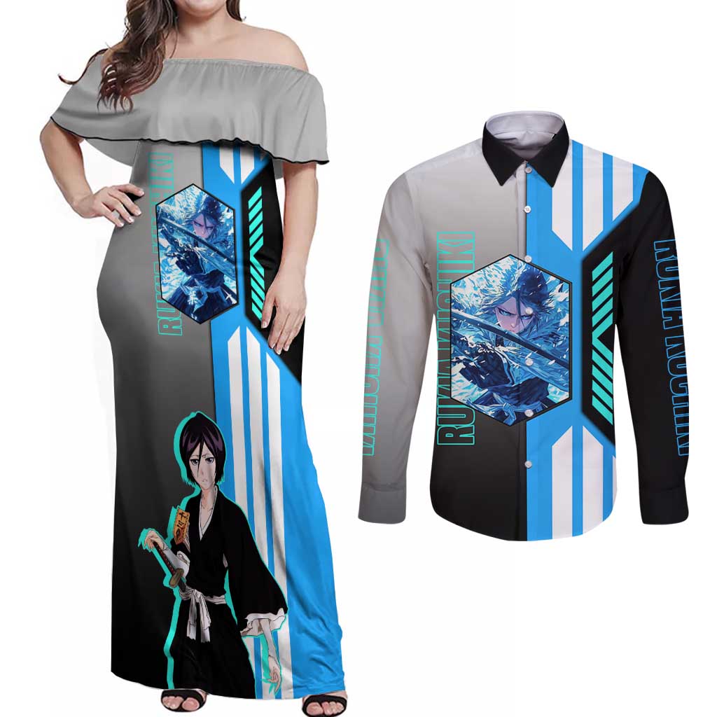 Rukia Kuchiki from Bleach Couples Matching Off Shoulder Maxi Dress and Long Sleeve Button Shirt with Sword and Ice Powers Pose Design - The Mazicc