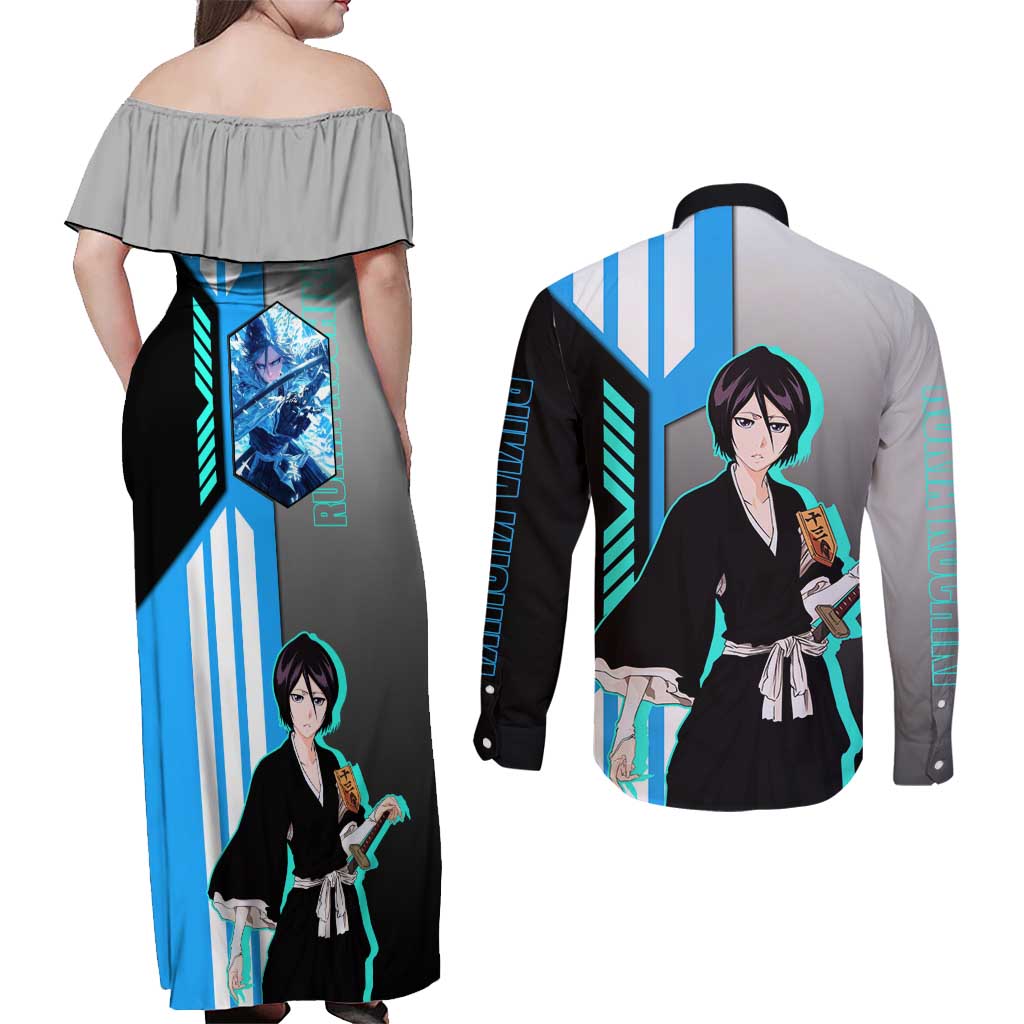Rukia Kuchiki from Bleach Couples Matching Off Shoulder Maxi Dress and Long Sleeve Button Shirt with Sword and Ice Powers Pose Design - The Mazicc