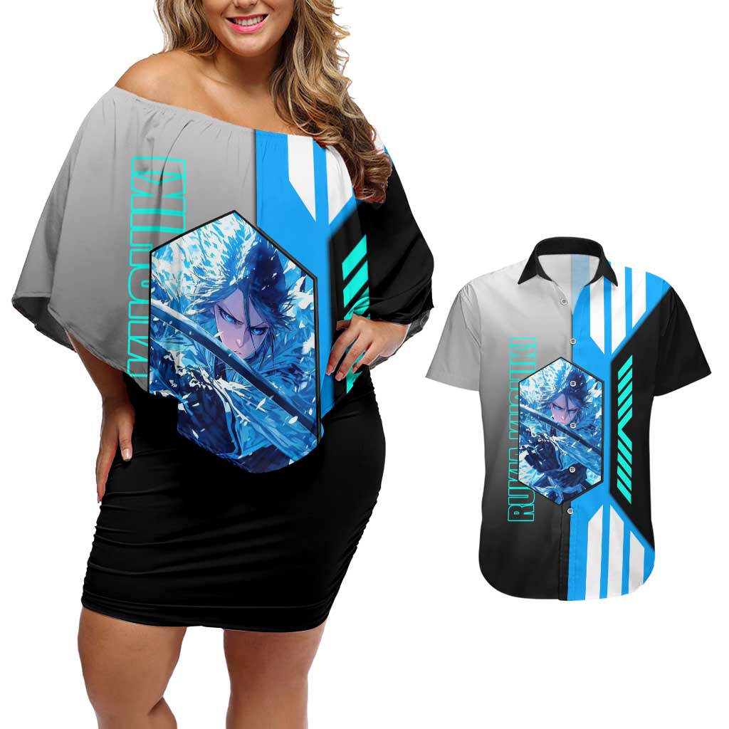 Rukia Kuchiki from Bleach Couples Matching Off Shoulder Short Dress and Hawaiian Shirt with Sword and Ice Powers Pose Design - The Mazicc
