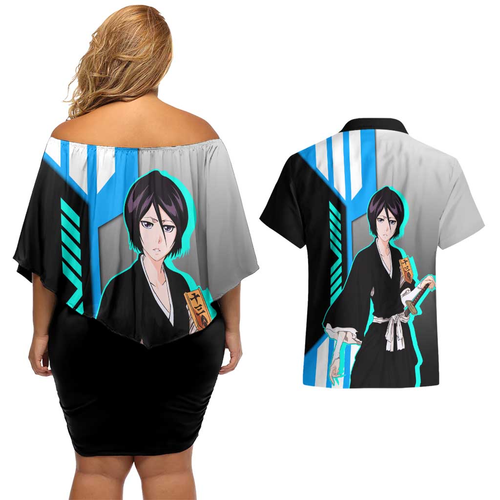 Rukia Kuchiki from Bleach Couples Matching Off Shoulder Short Dress and Hawaiian Shirt with Sword and Ice Powers Pose Design - The Mazicc