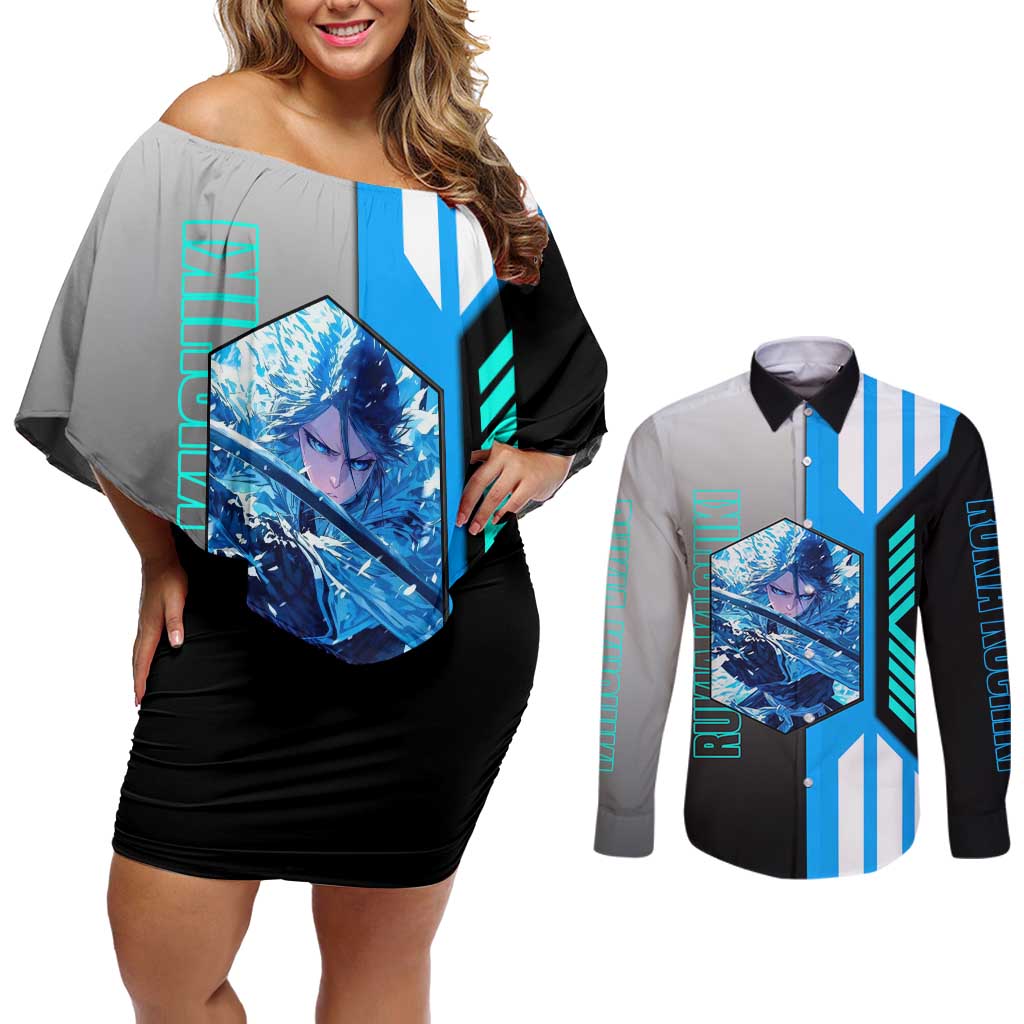 Rukia Kuchiki from Bleach Couples Matching Off Shoulder Short Dress and Long Sleeve Button Shirt with Sword and Ice Powers Pose Design - The Mazicc