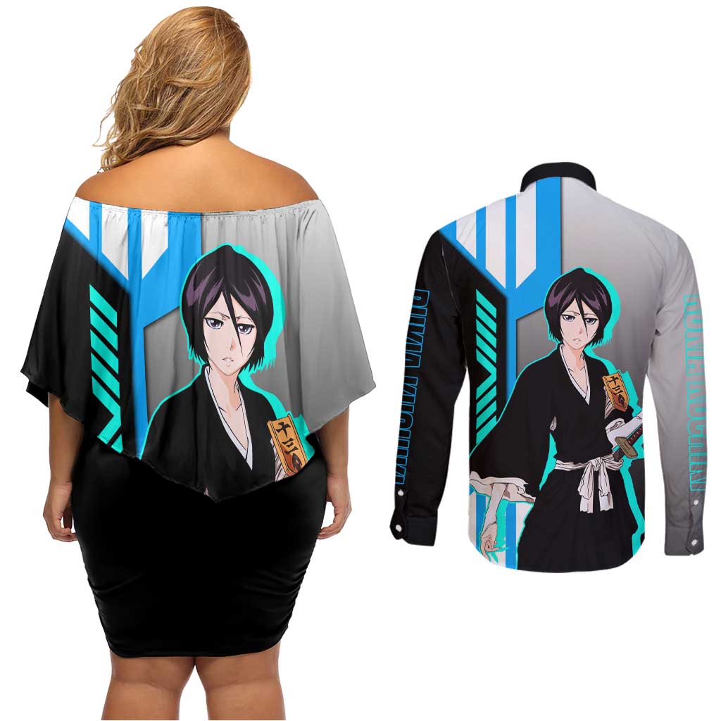 Rukia Kuchiki from Bleach Couples Matching Off Shoulder Short Dress and Long Sleeve Button Shirt with Sword and Ice Powers Pose Design - The Mazicc