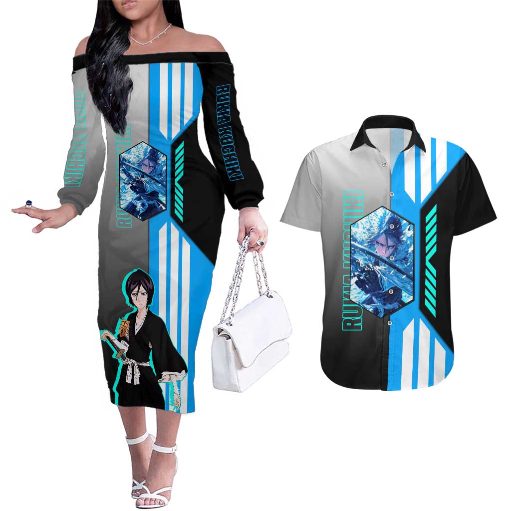 Rukia Kuchiki from Bleach Couples Matching Off The Shoulder Long Sleeve Dress and Hawaiian Shirt with Sword and Ice Powers Pose Design - The Mazicc