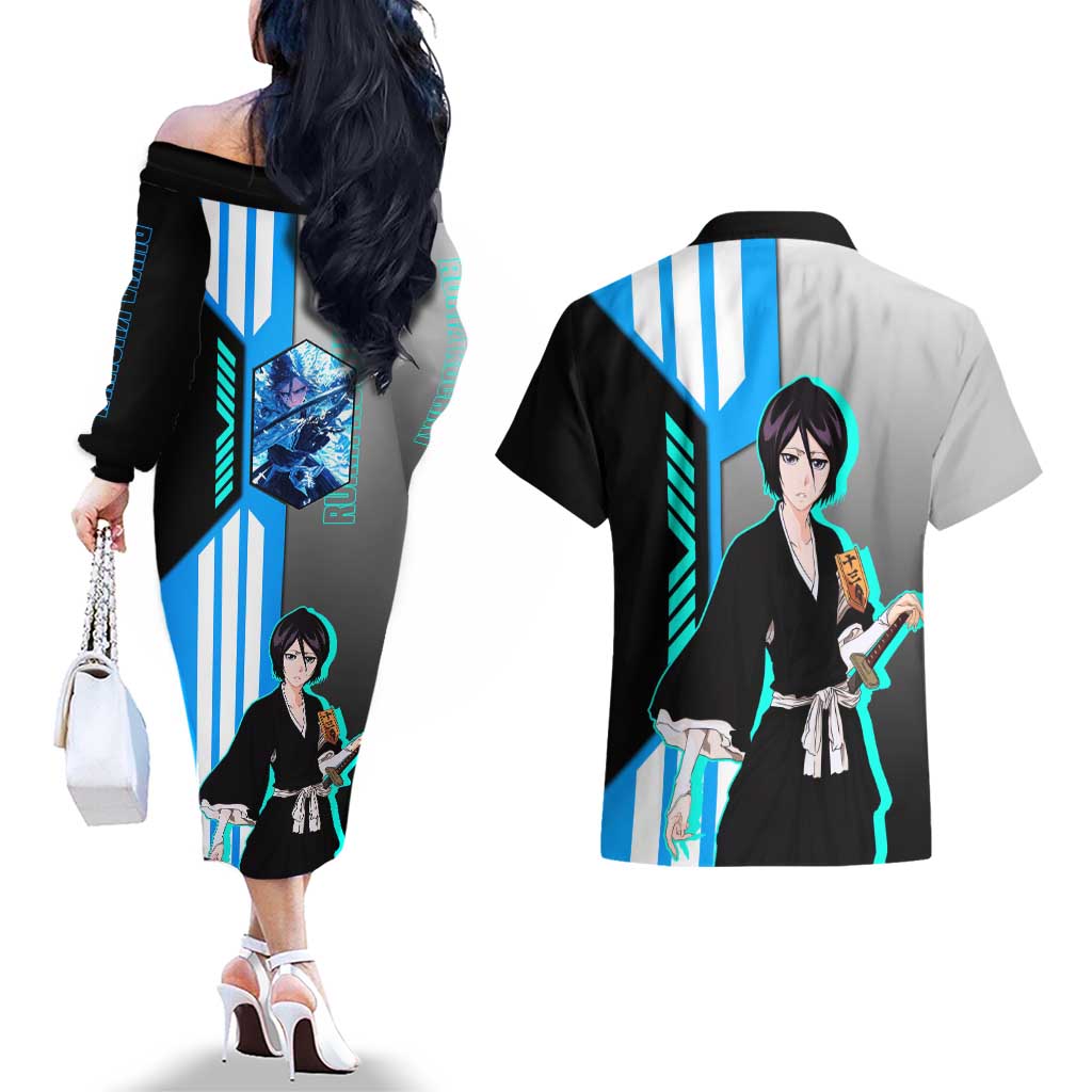 Rukia Kuchiki from Bleach Couples Matching Off The Shoulder Long Sleeve Dress and Hawaiian Shirt with Sword and Ice Powers Pose Design - The Mazicc