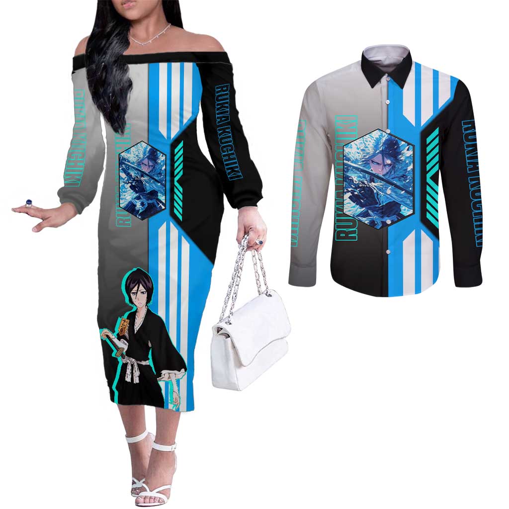 Rukia Kuchiki from Bleach Couples Matching Off The Shoulder Long Sleeve Dress and Long Sleeve Button Shirt with Sword and Ice Powers Pose Design - The Mazicc