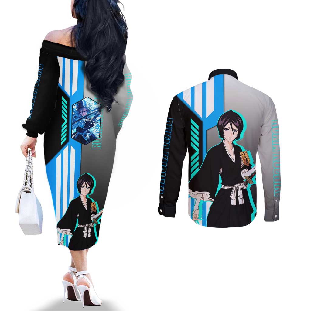 Rukia Kuchiki from Bleach Couples Matching Off The Shoulder Long Sleeve Dress and Long Sleeve Button Shirt with Sword and Ice Powers Pose Design - The Mazicc