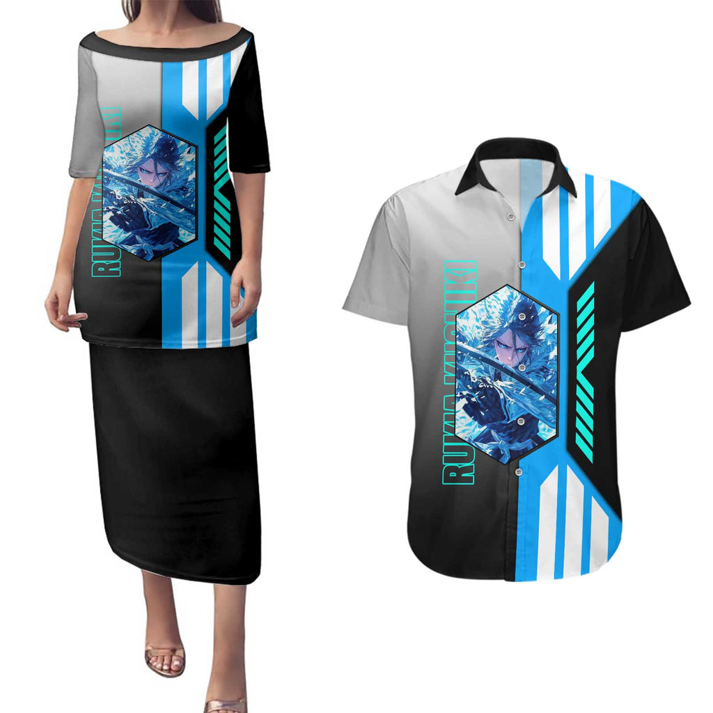 Rukia Kuchiki from Bleach Couples Matching Puletasi and Hawaiian Shirt with Sword and Ice Powers Pose Design - The Mazicc