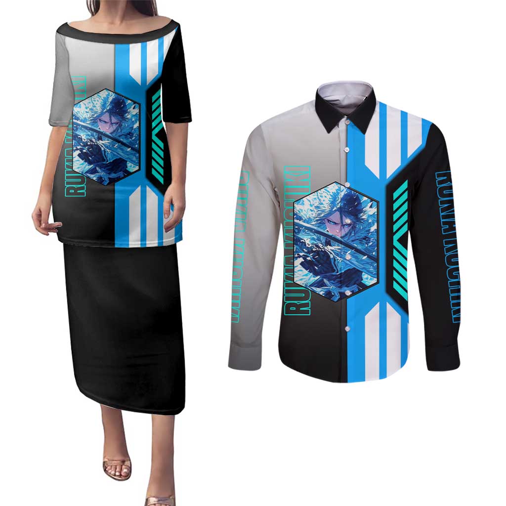 Rukia Kuchiki from Bleach Couples Matching Puletasi and Long Sleeve Button Shirt with Sword and Ice Powers Pose Design - The Mazicc