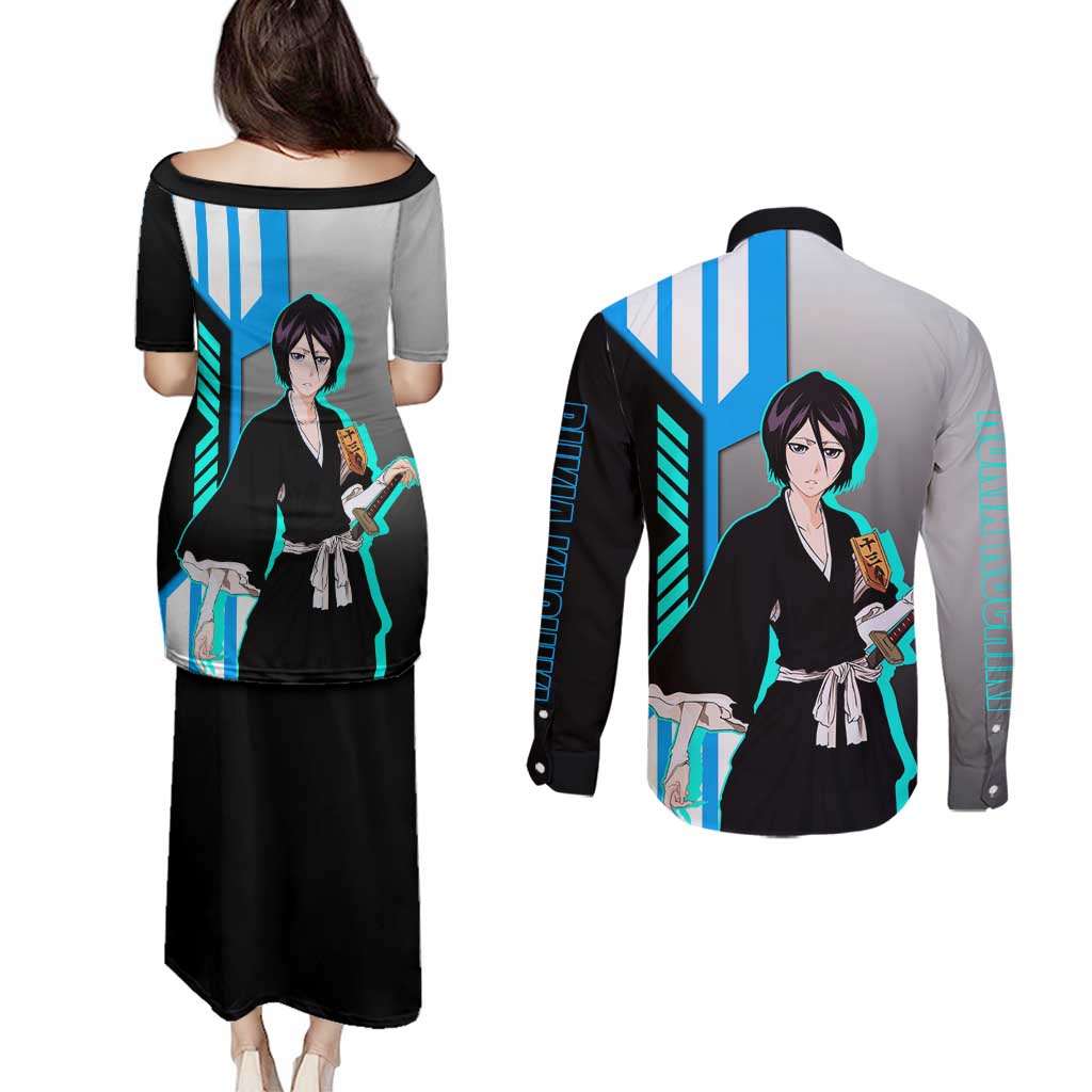 Rukia Kuchiki from Bleach Couples Matching Puletasi and Long Sleeve Button Shirt with Sword and Ice Powers Pose Design - The Mazicc