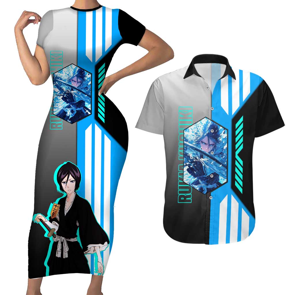 Rukia Kuchiki from Bleach Couples Matching Short Sleeve Bodycon Dress and Hawaiian Shirt with Sword and Ice Powers Pose Design - The Mazicc