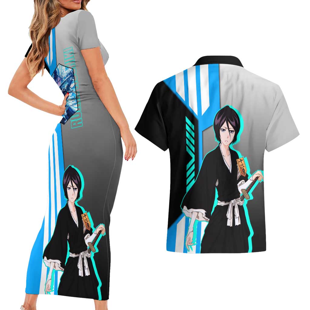 Rukia Kuchiki from Bleach Couples Matching Short Sleeve Bodycon Dress and Hawaiian Shirt with Sword and Ice Powers Pose Design - The Mazicc