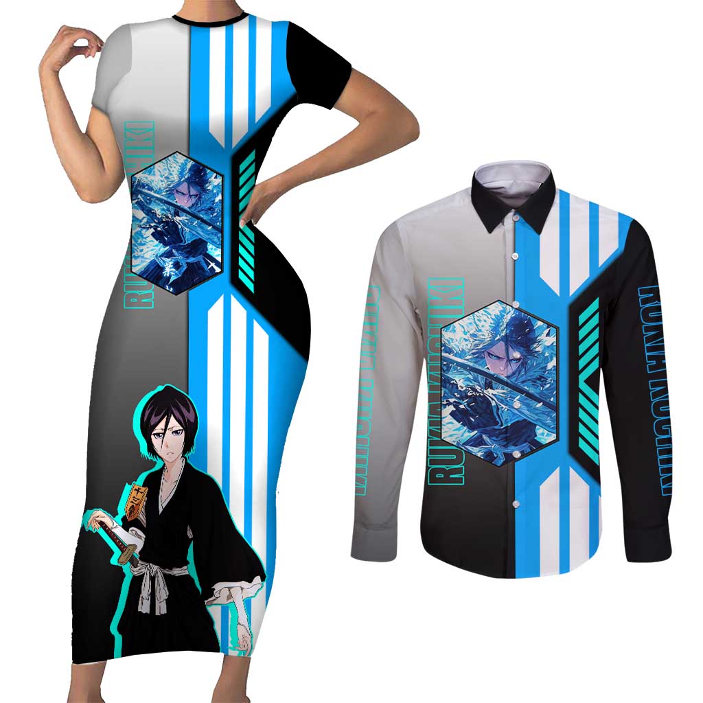Rukia Kuchiki from Bleach Couples Matching Short Sleeve Bodycon Dress and Long Sleeve Button Shirt with Sword and Ice Powers Pose Design - The Mazicc