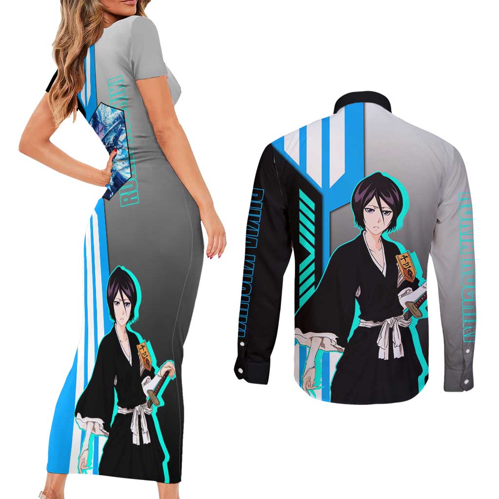 Rukia Kuchiki from Bleach Couples Matching Short Sleeve Bodycon Dress and Long Sleeve Button Shirt with Sword and Ice Powers Pose Design - The Mazicc