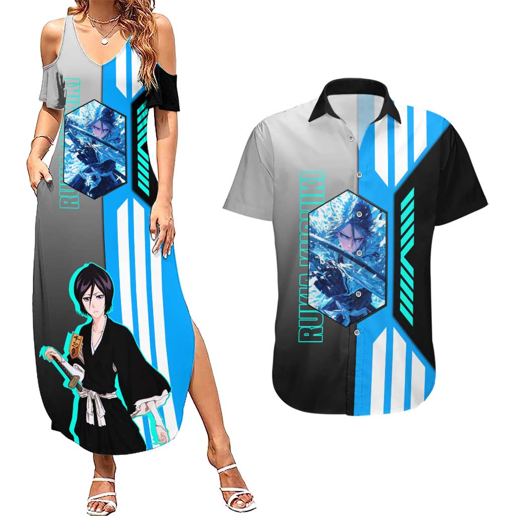 Rukia Kuchiki from Bleach Couples Matching Summer Maxi Dress and Hawaiian Shirt with Sword and Ice Powers Pose Design - The Mazicc