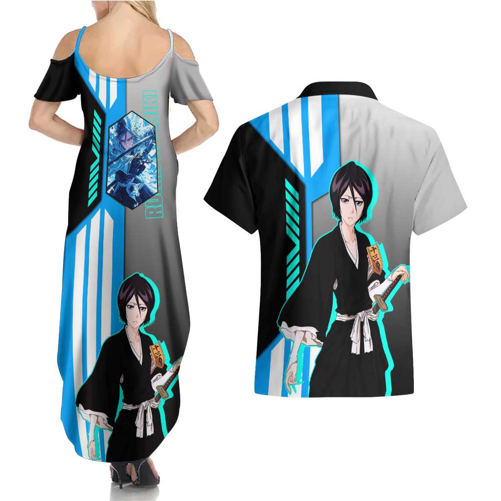 Rukia Kuchiki from Bleach Couples Matching Summer Maxi Dress and Hawaiian Shirt with Sword and Ice Powers Pose Design - The Mazicc