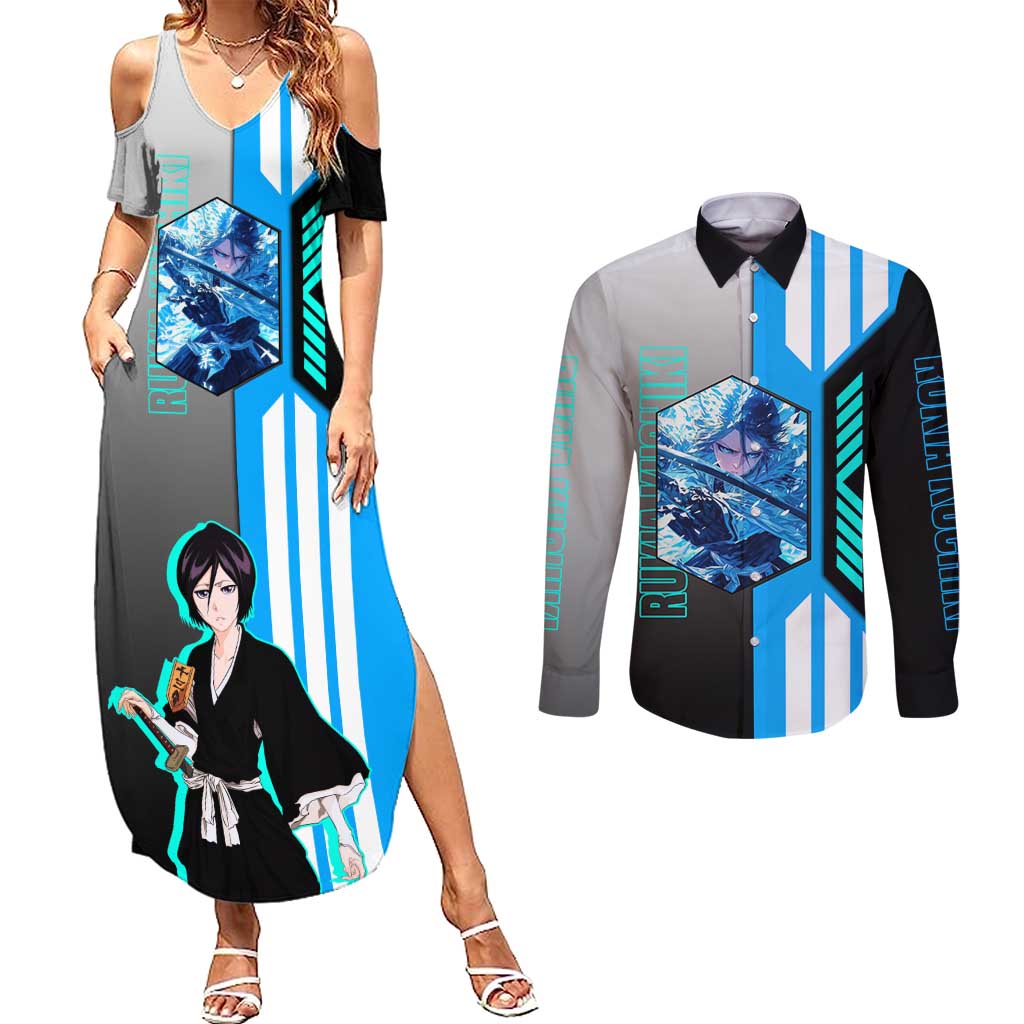 Rukia Kuchiki from Bleach Couples Matching Summer Maxi Dress and Long Sleeve Button Shirt with Sword and Ice Powers Pose Design - The Mazicc