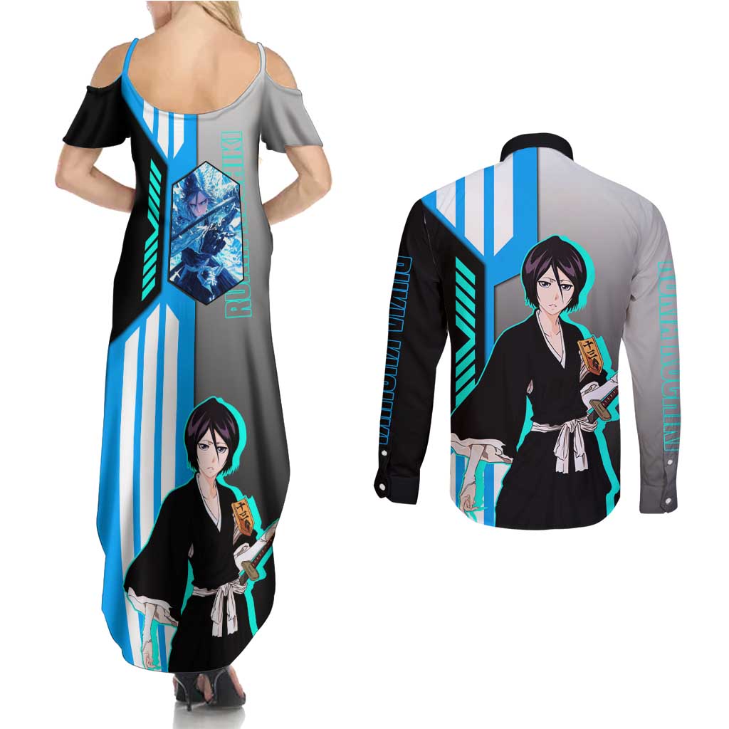 Rukia Kuchiki from Bleach Couples Matching Summer Maxi Dress and Long Sleeve Button Shirt with Sword and Ice Powers Pose Design - The Mazicc
