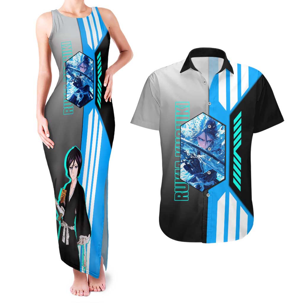 Rukia Kuchiki from Bleach Couples Matching Tank Maxi Dress and Hawaiian Shirt with Sword and Ice Powers Pose Design - The Mazicc