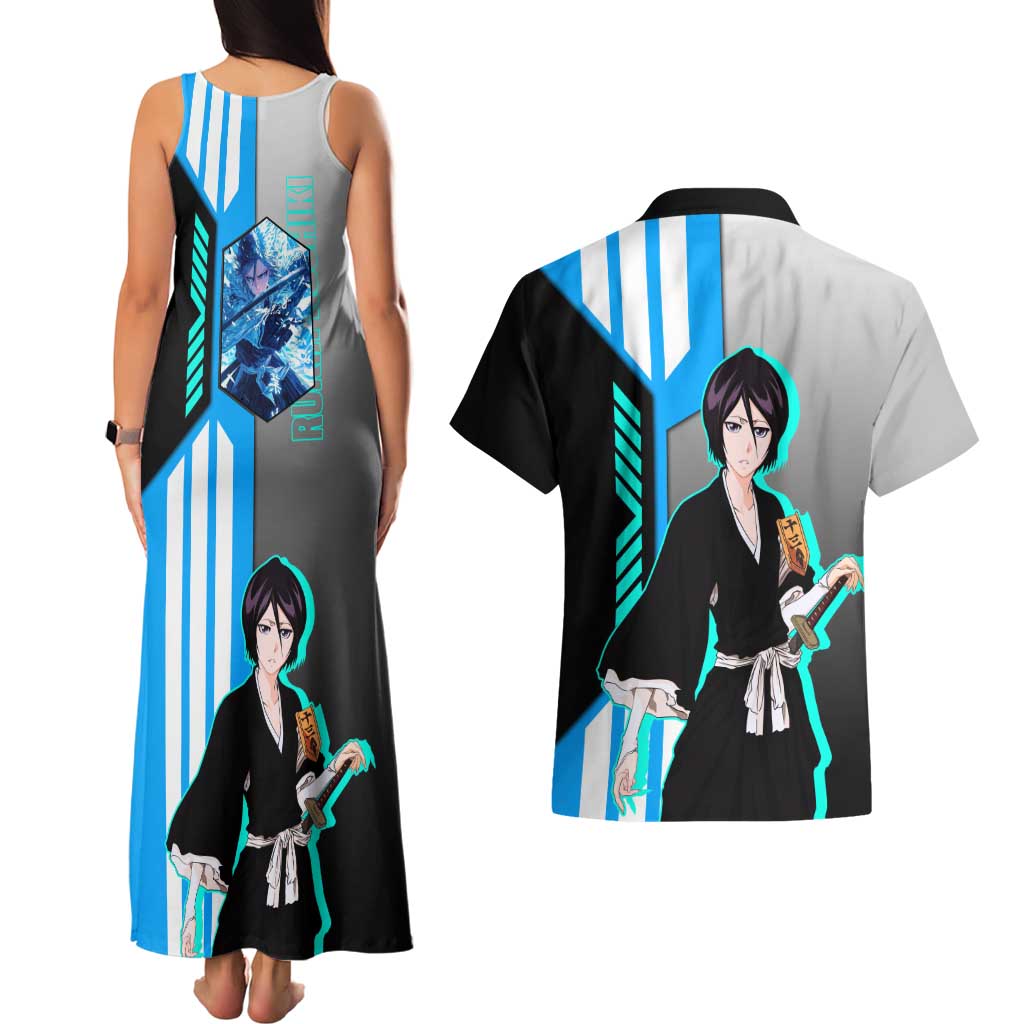 Rukia Kuchiki from Bleach Couples Matching Tank Maxi Dress and Hawaiian Shirt with Sword and Ice Powers Pose Design - The Mazicc