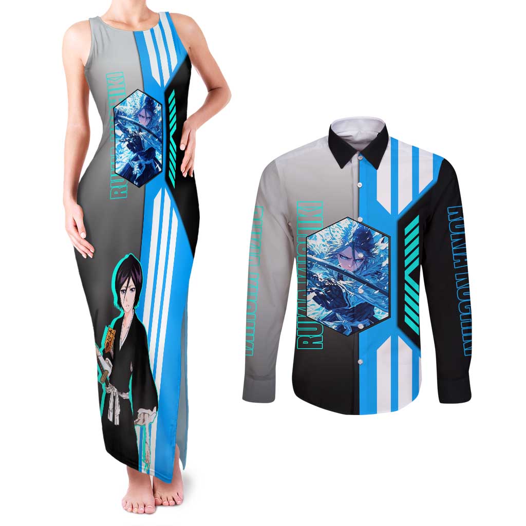 Rukia Kuchiki from Bleach Couples Matching Tank Maxi Dress and Long Sleeve Button Shirt with Sword and Ice Powers Pose Design - The Mazicc