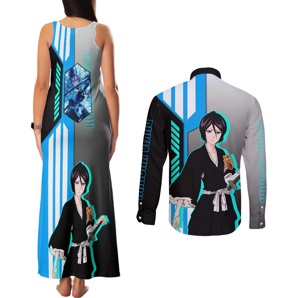 Rukia Kuchiki from Bleach Couples Matching Tank Maxi Dress and Long Sleeve Button Shirt with Sword and Ice Powers Pose Design - The Mazicc