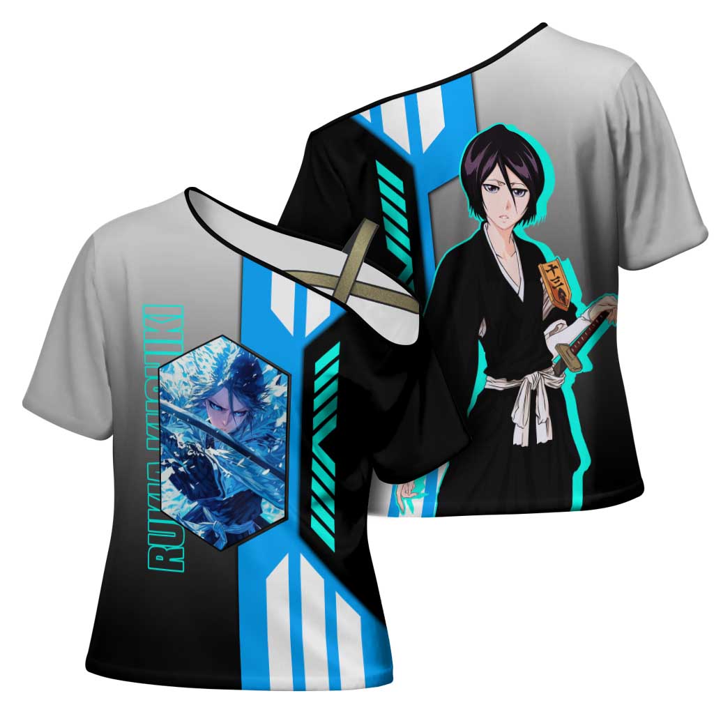 Rukia Kuchiki from Bleach Cross Shoulder Shirt with Sword and Ice Powers Pose Design - The Mazicc
