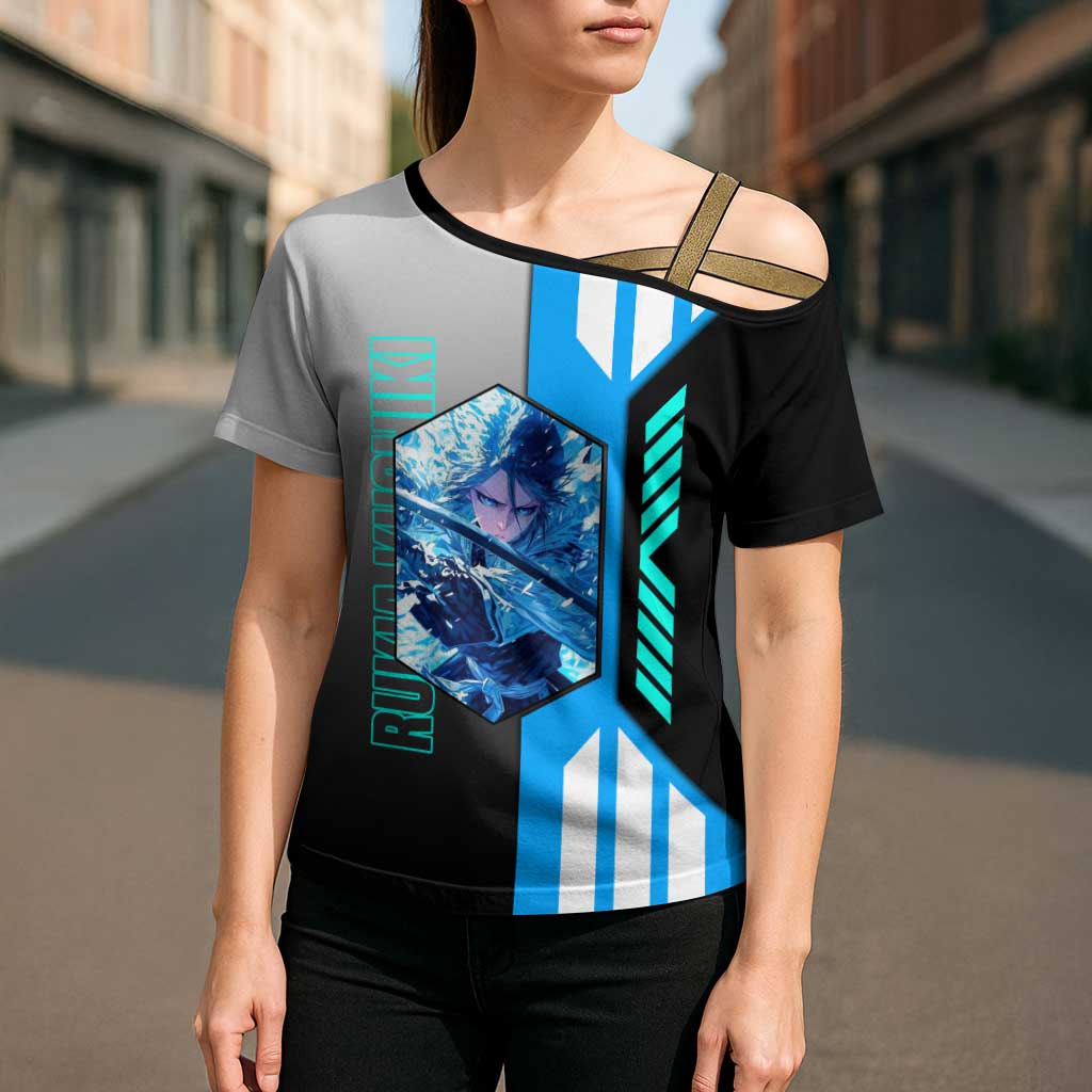 Rukia Kuchiki from Bleach Cross Shoulder Shirt with Sword and Ice Powers Pose Design - The Mazicc